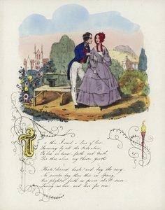Britse Valentijnskaart met een afbeelding van een man en een vrouw die in een tuin wandelen