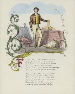 Britse Valentijnskaart met een afbeelding van een man die een muur bouwt door English School