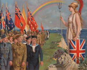 Britse en Empire militaire personeel en burgers betrokken bij de oorlogsinspanning paraderen voor Britannia