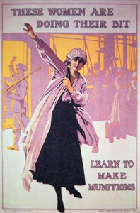 Britse poster van de Eerste Wereldoorlog om vrouwen aan te moedigen in munitiefabrieken te werken, ca. 1914-18 door English School