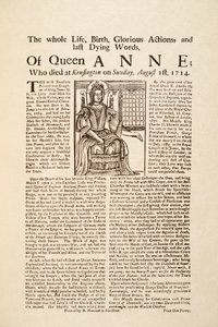 Pamflet gepubliceerd bij de dood van koningin Anne, op zondag 1 augustus 1714