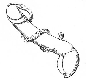 Bronzen amulet met een fallus omcirkeld door een slang