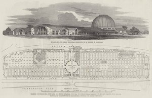 Gebouw voor de Grote Industriële Tentoonstelling, te bouwen in Hyde-Park (gravure) door English School