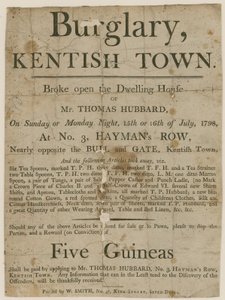 Inbraak in Kentish Town in 1798. Beloning van £5 door English School