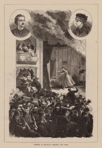 Brand van Brooklyn Theatre, New York (gravure) door English School