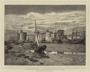 Caernarvon Castle, aan de Seiont rivier, laag water (gravure) door English School