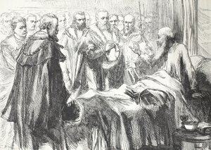 Calvijn spreekt de Raad voor de laatste keer toe, illustratie uit De Geschiedenis van het Protestantisme door James Aitken Wylie, gepubliceerd in 1878