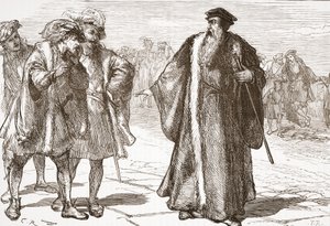 Calvijn beledigd door de Libertijnen op de Rhônebrug, illustratie uit De Geschiedenis van het Protestantisme door James Aitken Wylie, gepubliceerd in 1878