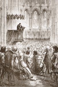 Calvijn predikt zijn afscheidsrede in afwachting van verbanning, illustratie uit De Geschiedenis van het Protestantisme door James Aitken Wylie, gepubliceerd in 1878 door English School
