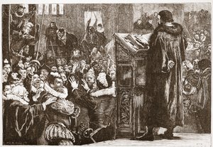 Calvijn bedreigd in de kerk van Rive, illustratie uit De Geschiedenis van het Protestantisme door James Aitken Wylie, gepubliceerd in 1878