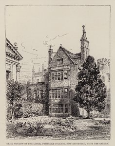 Cambridge: Orielraam van de Lodge, Pembroke College, nu vernietigd, vanuit de tuin door English School