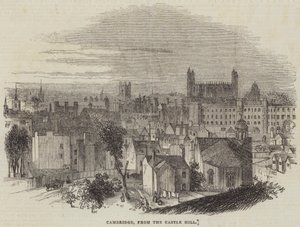 Cambridge, vanaf Castle Hill (gravure) door English School