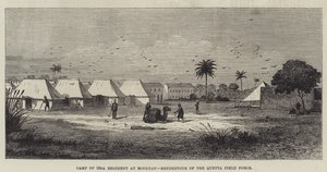 Kamp van het 59e Regiment in Mooltan, Verzamelplaats van de Quetta Veldmacht (gravure) door English School