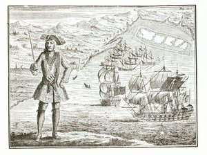 Kapitein Bartholomew Roberts met twee schepen, de Royal Fortune en Ranger zeilen in Whydah Road aan de kust van Guinee, 11 januari 172? uit A General History of the Robberies and Murders of the most Notorious Pyrates door English School