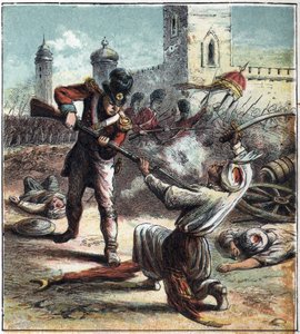 Inname van de stad Seringapatam (of Srirangapatna), hoofdstad van Mysore (Maissour) in India door het Britse leger onder bevel van de hertog Arthur Wellesley van Wellington (1769-1852) in 1799. Dit evenement markeerde het einde van de Anglo-Mysore oorlog e door English School