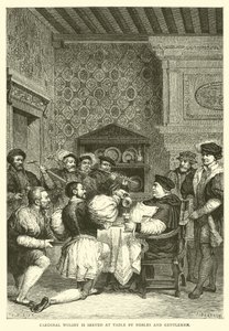 Kardinaal Wolsey wordt bediend aan tafel door edelen en heren door English School