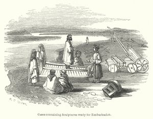 Kisten met beeldhouwwerken klaar voor inscheping (gravure) door English School