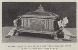 Kistje geplaatst door de koningin onder de eerste steen van het Victoria en Albert Museum (gravure)