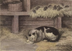 Kat en muizen in een schuur (getinte gravure)