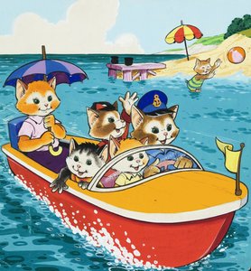 Kattenfamilie in motorboot