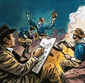 Cavalerist danst rond een kampvuur met Arthur Boyd Houghton die schetst