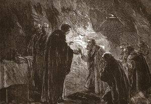 Viering van het Avondmaal door Calvijn en zijn mede-protestanten in de grot van Poitiers, illustratie uit De Geschiedenis van het Protestantisme door James Aitken Wylie, gepubliceerd in 1878