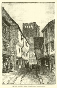 Centrale Toren van York Minster, vanaf Old Shambles door English School