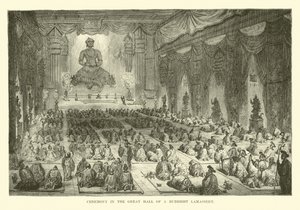 Ceremonie in de Grote Zaal van een Boeddhistische Lamassery door English School
