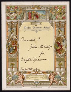Certificaat voor Engelse grammatica toegekend aan een leerling van Malpas Grammar School, Cheshire