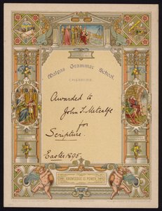 Certificaat voor schrift toegekend aan een leerling van Malpas Grammar School, Cheshire
