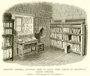 Geketende Bibliotheek, opgericht in 1598, in Kamer boven Portiek van Grantham Parochiekerk door English School