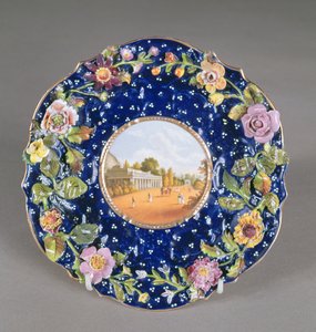 Chamberlains Worcester bord met ingelegde bloem en een uitzicht op Montpellier Pump Room, Cheltenham, 1820