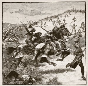 Aanval van de Schotten bij Homildon Hill, illustratie uit Cassells Geïllustreerde Geschiedenis van Engeland door English School
