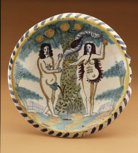 Schotel met het Bijbelse verhaal van Adam en Eva in de Hof van Eden, ca. 1680 door English School