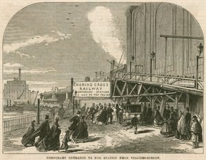 Charing Cross Station, Londen: De tijdelijke ingang van het station vanaf Villiers Street