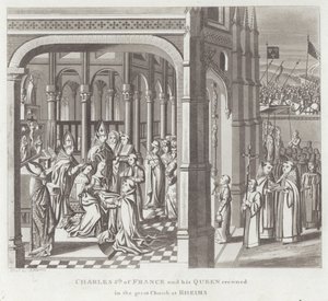 Karel V van Frankrijk en zijn Koningin gekroond in de Grote Kerk van Reims door English School