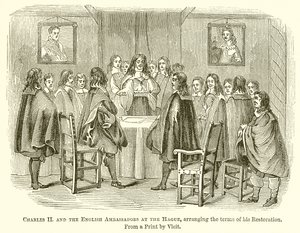 Karel II en de Engelse ambassadeurs in Den Haag, regelen de voorwaarden van zijn restauratie