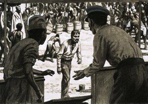 Charles Osborne en kapitein Stott legden vaten rum op het strand