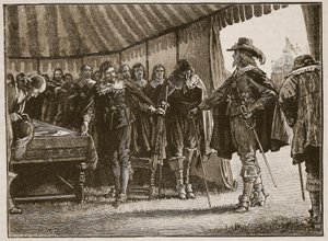 Charles en de Schotse Commissarissen, illustratie uit Cassells Geïllustreerde Geschiedenis van Engeland door English School