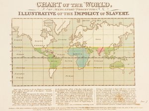 Kaart van de Wereld, op Mercatorprojectie, Illustratief voor de Onverstandigheid van Slavernij door English School