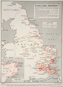 Kaart die de exacte locaties in Engeland en Schotland toont die leden onder vijandelijke luchtaanvallen en bombardementen van 16 december 1914 tot 17 juni 1918 door English School