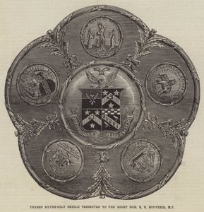 Gejaagde zilververgulde schild aangeboden aan de Right Honourable E P Bouverie, MP door English School