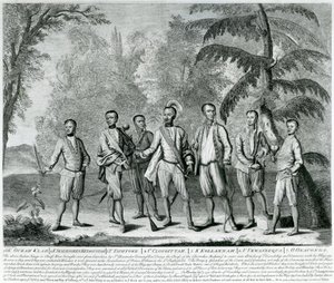 Cherokee Chiefs uit Carolina, ca. 1730 (gravure)
