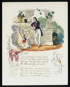 Cherub die een liefdesbrief bezorgt aan een man in een tuin