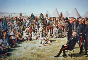 Chief Poundmaker geeft zich over aan generaal Middleton tijdens de Noordwestelijke Opstand van 1885 door English School