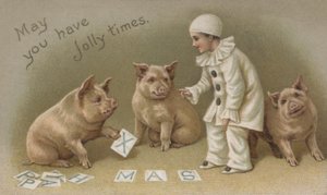 Kind in een Pierrot-kostuum met drie varkens, kerstkaart