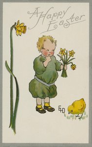 Kind plukt narcissen (kleurenlitho) door English School