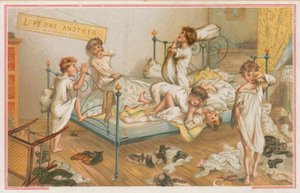 Kinderen vechten in een slaapzaal