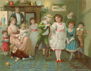 Kinderen spelen blindemannetje tijdens kersttijd door English School