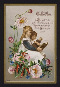 Kinderen die een boek lezen, nieuwjaarsgroetkaart, eind 19e of begin 20e eeuw